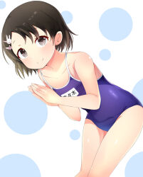 Rule 34 | 1girl, aru (arudes), blue one-piece swimsuit, brown eyes, brown hair, commentary request, hair ornament, hairclip, highres, idolmaster, idolmaster cinderella girls, leaning forward, looking at viewer, name tag, old school swimsuit, one-piece swimsuit, own hands together, sasaki chie, school swimsuit, short hair, smile, solo, swimsuit, thighs