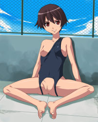 Rule 34 | 1girl, barefoot, breasts, brown eyes, brown hair, butterfly sitting, censored, feet, inverted nipples, knees apart feet together, medium breasts, mosaic censoring, nipples, non-web source, one-piece swimsuit, onija tarou, original, pussy, rooftop, school swimsuit, short hair, sitting, smile, solo, spread legs, swimsuit, toe-point, upside-down, wardrobe error