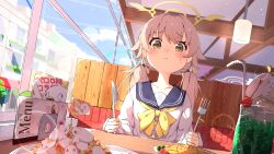 Rule 34 | 1girl, :&lt;, absurdres, blue archive, blush, brown eyes, day, drink, drinking straw, dutch angle, food, fork, halo, hifumi (blue archive), highres, holding, holding fork, holding knife, indoors, knife, light brown hair, long hair, low twintails, neck, omelet, omurice, peroro (blue archive), sailor collar, school uniform, solo, spice mega, sweatdrop, twintails, upper body, window