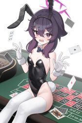 Rule 34 | 1girl, absurdres, ace (playing card), ace of hearts, ace of spades, alternate costume, animal ears, black bow, black bowtie, black leotard, blue archive, bow, bowtie, card, commentary, detached collar, fake animal ears, fake tail, flat chest, floating card, gloves, hair between eyes, hair ornament, hairclip, halo, haruka (blue archive), heart, highleg, highleg leotard, highres, leotard, looking at viewer, lunia, open mouth, playboy bunny, playing card, purple eyes, purple hair, purple halo, queen (playing card), queen of hearts (playing card), rabbit ears, rabbit tail, roulette, roulette table, sidelocks, sitting, solo, spade (shape), strapless, strapless leotard, sweat, table, tail, thighhighs, white background, white gloves, white thighhighs, wrist cuffs