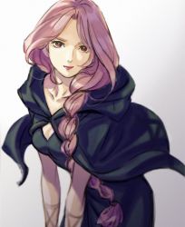 Rule 34 | 1girl, ace attorney, artist name, braid, cape, esmeralda tusspells, green cape, hair behind ear, long hair, looking at viewer, misica, nose, pink hair, red eyes, simple background, single braid, smile, solo, the great ace attorney, the great ace attorney 2: resolve, upper body, white background, witch