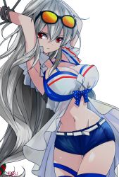 Rule 34 | 1girl, arknights, blue shorts, eyewear on head, female focus, highres, long hair, looking at viewer, no headwear, no headwear, off-shoulder shirt, off shoulder, official alternate costume, orange-tinted eyewear, ppw uchucoala, red eyes, restrained, shirt, shorts, silver hair, skadi (arknights), skadi (waverider) (arknights), solo, sunglasses, swimsuit, thigh strap, tinted eyewear