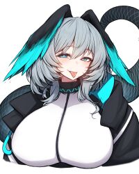 Rule 34 | 1girl, :p, absurdres, arknights, black collar, black jacket, blue eyes, blush, breasts, bright pupils, collar, grey hair, hair between eyes, head wings, highres, ho&#039;olheyak (arknights), infection monitor (arknights), jacket, large breasts, looking at viewer, medium hair, open clothes, open jacket, rikuguma, shirt, simple background, snake tail, solo, tail, tongue, tongue out, upper body, white background, white pupils, white shirt, wings