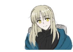 Rule 34 | 1girl, alternate costume, artoria pendragon (fate), bad id, bad pixiv id, blonde hair, casual, coat, fate/stay night, fate (series), head tilt, long hair, overcoat, pale skin, ribbed sweater, saber (fate), saber alter, smile, solo, sweater, turtleneck, tusia, yellow eyes