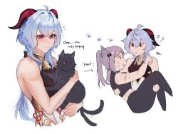 Rule 34 | 2girls, ?, ??, absurdres, ahoge, animal, arrow (symbol), bare arms, bare shoulders, black cat, black pants, blue hair, bodystocking, carrying, cat, commentary, cone hair bun, ganyu (genshin impact), genshin impact, hair bun, highres, holding, holding animal, holding cat, horns, keqing (genshin impact), leggings, long hair, luft (luft sch), multiple girls, multiple views, pants, parted lips, princess carry, purple hair, simple background, smile, upper body, very long hair, white background, yuri