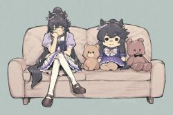 Rule 34 | 1girl, animal ears, black hair, bow, bowtie, brown footwear, character doll, closed mouth, couch, crossed legs, elbow rest, full body, horse ears, horse girl, horse tail, jitome, long hair, looking to the side, narita brian (umamusume), ponytail, puffy short sleeves, puffy sleeves, rope, sailor collar, school uniform, shimenawa, shoes, short sleeves, sitting, skirt, solo, stuffed animal, stuffed toy, sweatdrop, tail, teddy bear, thighhighs, tracen school uniform, umamusume, uruimu, white skirt, white thighhighs