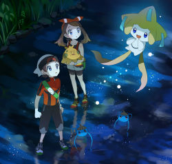 Rule 34 | 1boy, 1girl, bike shorts, black pants, black shorts, blue eyes, bow, brendan (pokemon), brown hair, clenched hands, collarbone, creatures (company), floating hair, from above, game freak, gen 3 pokemon, hair bow, hairband, hat, holding, holding pokemon, jacket, jirachi, legendary pokemon, looking up, may (pokemon), mythical pokemon, night, nintendo, outdoors, pants, parted lips, pokemon, pokemon (creature), pokemon oras, popcorn 91, red hairband, red jacket, red shirt, reflecting pool, reflection, reflective water, shirt, short shorts, short sleeves, shorts, shorts under shorts, shroomish, sleeveless, sleeveless shirt, striped, striped bow, surskit, twintails, white headwear, white shorts