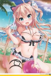 Rule 34 | 1girl, :d, absurdres, ahoge, animal ears, aqua eyes, ball, bare shoulders, barefoot, beach, beachball, bell, bikini, black bikini, blue sky, blurry, blush, bracelet, breasts, brown hair, cameltoe, cat ears, cleavage, cloud, collarbone, day, dengeki moeou, depth of field, detached collar, fang, feathers, floating hair, frilled bikini, frills, gluteal fold, hair ornament, hair ribbon, highres, holding, horizon, jewelry, jingle bell, kneeling, komiya hitoma, large breasts, long hair, looking at viewer, nail polish, navel, ocean, off shoulder, one side up, open mouth, original, outdoors, patterned nails, pink nails, purple nails, ribbon, scan, skindentation, sky, smile, solo, sunlight, swimsuit, thigh strap, thighs, v-shaped eyebrows, water, wet, x hair ornament