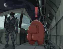 Rule 34 | !, 1boy, 1other, absurdres, among us, ass, commentary, crescent moon, crewmate (among us), english commentary, full body, grating, highres, huge ass, industrial pipe, meme, metal gear (series), metal gear solid, moon, night, ratfoob, red (among us), sneaking suit, solid snake, standing, tile floor, tiles