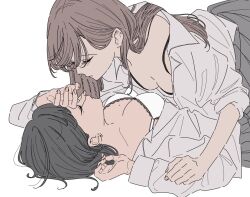Rule 34 | 2girls, black bra, black hair, bra, breasts, brown hair, cleavage, closed eyes, collared shirt, commentary request, dress shirt, grey skirt, hair behind ear, imminent kiss, kamatama rom, large breasts, long hair, long sleeves, looking at another, medium breasts, mole, mole on breast, mole under eye, multiple girls, open clothes, open shirt, original, pleated skirt, school uniform, shirt, short hair, simple background, skirt, sleeves rolled up, underwear, white background, white bra, white shirt, yuri