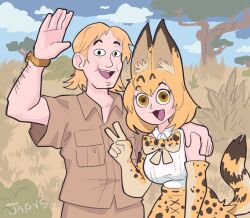 Rule 34 | 1boy, 1girl, :d, absurdres, animal ear fluff, animal ears, arm hair, artist name, blonde hair, bow, bowtie, breasts, brown eyes, brown shirt, collarbone, collared shirt, crossover, elbow gloves, gloves, highres, japvs, kemono friends, medium breasts, open hand, open mouth, real life, serval (kemono friends), serval print, shirt, shirt tucked in, short hair, skirt, sleeveless, sleeveless shirt, smile, steve irwin, tail, tree, v, waving, white shirt