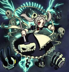 Rule 34 | 1girl, apron, black background, bloody marie (skullgirls), brooch, dress, energy, frilled apron, frilled dress, frills, full body, grey hair, hair ornament, half-closed eyes, highres, jewelry, kinuko (kinucakes), looking at viewer, maid headdress, mariel cartwright, mary janes, official art, pantyhose, rabbit, red eyes, shoes, skeleton, skull, skull hair ornament, skullgirls, solo, twintails
