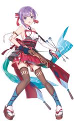 Rule 34 | 1girl, :o, arm strap, arrow (projectile), blue eyes, bow (weapon), braid, crossbow, detached sleeves, earrings, french braid, full body, gloves, highres, holding, holding bow (weapon), holding crossbow, holding weapon, jewelry, miyao jou, official art, open mouth, platform footwear, purple hair, sandals, shirohime quest, single glove, skirt, solo, thighhighs, transparent background, weapon