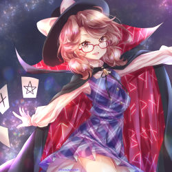 Rule 34 | 1girl, brown eyes, cape, commentary request, contrapposto, glasses, gloves, hat, hat ribbon, light brown hair, long sleeves, looking over eyewear, low twintails, milky way, night, night sky, open hand, open mouth, outstretched arms, pengin guriko, plaid, plaid skirt, plaid vest, quimbaya airplane, red-framed eyewear, ribbon, runes, semi-rimless eyewear, shirt, short hair, skirt, sky, solo, spread arms, star (sky), swept bangs, touhou, twintails, twitter username, under-rim eyewear, usami sumireko, vest, white gloves, white shirt, zener card