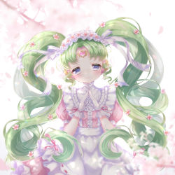 Rule 34 | 1girl, absurdres, aki (akinyaaaaa), apron, blue eyes, blush, center frills, cherry blossoms, commentary request, curly hair, dress, falulu, flower, forehead jewel, frilled apron, frilled dress, frilled sleeves, frills, gloves, hair flower, hair ornament, hairband, headphones, highres, lolita fashion, lolita hairband, looking at viewer, parted bangs, petals, pink dress, pink flower, pink ribbon, pretty series, pripara, ribbon, ribbon-trimmed apron, ribbon trim, short sleeves, sidelocks, smile, solo, steepled fingers, sweet lolita, twintails, waist apron, white apron, white gloves, white hairband, white ribbon