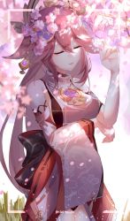 Rule 34 | 1girl, absurdres, arm under breasts, arm up, blush, branch, breasts, cherry blossoms, closed eyes, closed mouth, commentary, detached sleeves, feet out of frame, floral print, flower, genshin impact, grass, hair between eyes, hair flaps, hair ornament, headgear, highres, holding, holding flower, japanese clothes, jewelry, long hair, looking at viewer, miko, nai pizx, necklace, one eye closed, parted lips, pink hair, priestess, print sleeves, purple eyes, ribbon-trimmed sleeves, ribbon trim, simple background, solo, standing, tassel, turtleneck, twitter username, very long hair, vision (genshin impact), white background, white flower, wide sleeves, yae miko