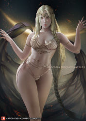 Rule 34 | 1girl, armlet, blonde hair, braid, breasts, circlet, elden ring, large breasts, lips, long hair, looking at viewer, navel, olesyaspitz, queen marika the eternal, revealing clothes, solo, standing, twin braids, very long hair, watermark, web address, yellow eyes