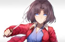 Rule 34 | 1girl, absurdres, black cola, blue eyes, breasts, brown hair, closed mouth, frown, highres, holding, holding knife, holding weapon, kara no kyoukai, knife, long sleeves, looking at viewer, medium breasts, ryougi shiki, short hair, solo, upper body, weapon