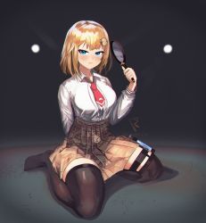Rule 34 | 1girl, absurdres, black thighhighs, blonde hair, blue eyes, blush, brown skirt, dress shirt, franzilla, full body, hair ornament, high-waist skirt, highres, holding, holding magnifying glass, hololive, hololive english, kneeling, light smile, long sleeves, looking at viewer, magnifying glass, miniskirt, plaid, plaid skirt, pleated skirt, pocket watch, shirt, short hair, sitting, skirt, solo, thick thighs, thigh strap, thighhighs, thighs, virtual youtuber, wariza, watch, watson amelia, white shirt, zettai ryouiki