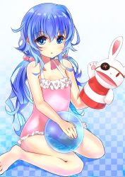 Rule 34 | 10s, 1girl, ameyoshi, blue eyes, blue hair, rabbit, casual one-piece swimsuit, date a live, hand puppet, highres, one-piece swimsuit, puppet, sitting, stuffed animal, stuffed rabbit, stuffed toy, swimsuit, wariza, yoshino (date a live), yoshinon