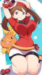 Rule 34 | 1girl, :3, arms up, artist name, bandana, black eyes, black socks, breasts, brown hair, closed mouth, creatures (company), full body, game freak, gen 3 pokemon, gloves, highres, holding, holding poke ball, impossible clothes, impossible shirt, jellcaps, kneeling, large breasts, long hair, looking at viewer, may (pokemon), nintendo, poke ball, pokemon, pokemon rse, red bandana, red shirt, shirt, short sleeves, shorts, smile, socks, solo, thighs, torchic, white gloves, white shorts, yellow footwear