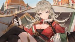 Rule 34 | 1girl, absurdres, aiguillette, azur lane, black thighhighs, breasts, cleavage, epaulettes, florence (city), gloves, gold trim, grey eyes, half gloves, highres, huge filesize, italian flag, jacket, kaikaikai, large breasts, long hair, looking at viewer, outdoors, red jacket, silver hair, solo, sword, thighhighs, vittorio veneto (azur lane), weapon, white gloves