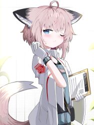Rule 34 | 1girl, absurdres, ahoge, animal ears, arknights, blue dress, blue eyes, blush, breasts, brown hair, cleavage, clipboard, closed mouth, dress, fox ears, fox girl, fox tail, gloves, hand up, highres, holding, jacket, looking at viewer, one eye closed, open clothes, open jacket, small breasts, solo, spam (spamham4506), sussurro (arknights), sweat, tail, white gloves, white jacket