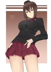 Rule 34 | 1girl, absurdres, black hat, black jacket, brown background, brown eyes, brown hair, closed mouth, commentary, cowboy shot, dated, dress shirt, frown, garrison cap, girls und panzer, half-closed eyes, hand on own hip, hat, highres, insignia, irukatto, jacket, kuromorimine military uniform, long sleeves, looking at viewer, military, military hat, military uniform, miniskirt, nishizumi maho, outside border, pleated skirt, red shirt, red skirt, shirt, short hair, skirt, solo, standing, twitter username, uniform, wing collar