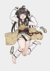 Rule 34 | 1girl, ahoge, arm up, barefoot, bell, black gloves, black hair, brown footwear, bruise, chinese clothes, closed eyes, crossed bandaids, facing viewer, fingerless gloves, full body, gloves, grey background, hair bell, hair ornament, hair rings, hand up, highres, injury, jingle bell, knees together feet apart, long hair, long sleeves, lying, obi, on back, open mouth, original, puffy long sleeves, puffy sleeves, sash, shoes, simple background, sleeves past wrists, solo, turn pale, unworn shoes, very long hair, white ph