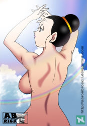Rule 34 | 1girl, aaron broscli, arms up, back, bare back, black eyes, black hair, breasts, butt crack, chi-chi (dragon ball), cloud, day, dragon ball, dragonball z, earrings, female focus, from behind, hair bun, half-closed eyes, jewelry, large breasts, lips, lipstick, looking up, makeup, neck, parted lips, pink lips, rainbow, short hair, sideboob, single hair bun, sky, solo, text focus