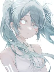 Rule 34 | 1girl, absurdres, aqua hair, bare shoulders, breasts, collared shirt, commentary request, expressionless, floating hair, hatsune miku, highres, long hair, looking at viewer, parted lips, shirt, simple background, sleeveless, sleeveless shirt, small breasts, solo, tsukio (o tukio), twintails, upper body, vocaloid, white background, white eyes