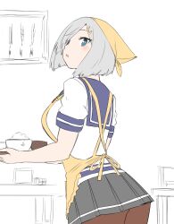 Rule 34 | 1girl, 30-06, anchor print, apron, blue eyes, blue sailor collar, bowl, breasts, brown pantyhose, commentary request, grey hair, grey skirt, hair over one eye, hamakaze (kancolle), head scarf, highres, holding, holding tray, kantai collection, large breasts, looking at viewer, looking back, official alternate costume, open mouth, pantyhose, pleated skirt, rice bowl, sailor collar, school uniform, serafuku, shirt, short hair, short sleeves, simple background, sketch, skirt, solo, tray, white shirt, yellow apron