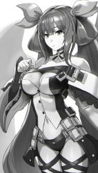 Rule 34 | 1girl, bare shoulders, belt, belt bra, breasts, buttons, choker, cleavage, collarbone, cowboy shot, dizzy (guilty gear), gluteal fold, greyscale, guilty gear, guilty gear xrd, hair between eyes, hair ribbon, large breasts, long hair, looking away, looking to the side, medium breasts, monochrome, navel, oetaro, ribbon, simple background, solo, standing, stomach, tail, tail ornament, tail ribbon, white background, wings