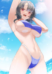 Rule 34 | 1girl, :d, alternate costume, armpits, arms behind head, ayuman, bikini, black hair, blue bikini, blue sky, breasts, cloud, commentary request, day, from below, highleg, highleg bikini, highres, kantai collection, large breasts, looking at viewer, looking down, navel, ocean, open mouth, red eyes, short hair, sky, smile, solo, string bikini, sunlight, swimsuit, takao (kancolle), underboob