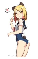 Rule 34 | 1girl, absurdres, anger vein, animal ears, artist name, ass, bad id, bad twitter id, blonde hair, blue one-piece swimsuit, blue sailor collar, blush, breasts, cat ears, cloba, cropped legs, dated, fake animal ears, flower, frown, hair flower, hair ornament, highres, inactive account, looking at viewer, medium breasts, middle finger, one-piece swimsuit, original, pink flower, rabbit tail, red neckwear, sailor collar, school swimsuit, see-through, short hair, short sleeves, simple background, solo, speech bubble, swimsuit, swimsuit under clothes, tail, white background, yellow eyes