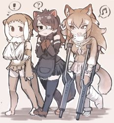 Rule 34 | !, 10s, 3girls, ?, animal ears, apron, arm sling, australian devil (kemono friends), bare shoulders, black hair, bow, bowtie, cast, commentary request, crutch, detached sleeves, elbow gloves, eye contact, eyepatch, fingerless gloves, fur collar, gloves, japanese otter (kemono friends), japanese wolf (kemono friends), kemono friends, light brown hair, long hair, long sleeves, looking at another, medical eyepatch, multicolored hair, multiple girls, musical note, neck brace, neckerchief, one-piece swimsuit, otter ears, otter tail, plaid, plaid skirt, pleated skirt, short hair, skirt, spoken exclamation mark, spoken musical note, spoken question mark, swimsuit, tail, tanaka kusao, tasmanian devil ears, tasmanian devil tail, thighhighs, toeless legwear, vest, white hair, wolf ears, wolf tail