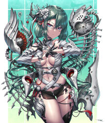 Rule 34 | 1girl, black gloves, blue eyes, breasts, cable, detached sleeves, earrings, gia, gloves, green hair, half gloves, highres, jewelry, long hair, looking at viewer, low twintails, mecha musume, medium breasts, multicolored eyes, navel, original, parted lips, red eyes, ring, semi-rimless eyewear, short shorts, shorts, signature, solo, tube, twintails, under-rim eyewear, very long hair