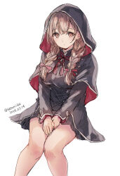 Rule 34 | 1girl, black skirt, braid, breasts, brown eyes, brown hair, capelet, dated, hair ribbon, hood, hood up, hooded capelet, kantai collection, large breasts, long hair, long sleeves, looking at viewer, red ribbon, ribbon, satsumi, shinshuu maru (kancolle), simple background, sitting, skirt, solo, twin braids, twitter username, white background