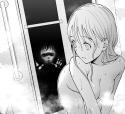 Rule 34 | 1boy, 1girl, after bathing, all fours, breasts, chigarashi mahina, completely nude, ghost, medium breasts, nagashii kouhei, nude, official art, parted lips, scary campus college university, wet, wet hair, wide-eyed