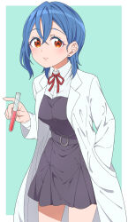 Rule 34 | 1girl, aqua background, border, breasts, cardigan, closed mouth, coat, collared shirt, commentary, cowboy shot, crossed bangs, dress, dress shirt, earrings, grey dress, hand in pocket, highres, holding, holding test tube, jenny (je2live), jewelry, lab coat, large breasts, leaning forward, lips, long sleeves, looking at viewer, love live!, love live! superstar!!, neck ribbon, open cardigan, open clothes, outside border, red eyes, red ribbon, ribbon, school uniform, shirt, short dress, short hair, single sidelock, smile, solo, stud earrings, test tube, wakana shiki, white border, white coat, white shirt, winter uniform, yuigaoka school uniform