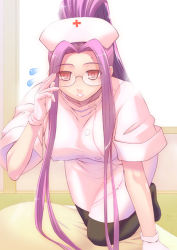 Rule 34 | 00s, 1girl, black pantyhose, breasts, covered erect nipples, fate/stay night, fate (series), glasses, gloves, hat, large breasts, long hair, medusa (fate), medusa (rider) (fate), nurse, nurse cap, pantyhose, purple eyes, purple hair, siseru samurai, solo, square pupils, sweat, uniform, very long hair