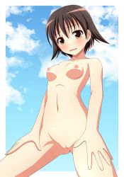 Rule 34 | 1girl, blush, breasts, brown eyes, brown hair, cleft of venus, ki (kk-sk-ray), miyafuji yoshika, nipples, nude, open mouth, outdoors, pussy, short hair, small breasts, solo, strike witches, uncensored, world witches series