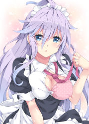Rule 34 | 1girl, ahoge, apron, arm up, black dress, blue eyes, bow, bra, breasts, collared shirt, dress, eyes visible through hair, frilled dress, frills, hair between eyes, large bow, long hair, looking at viewer, maid apron, maid headdress, medium breasts, milkpanda, necktie, open clothes, open mouth, open shirt, original, polka dot, polka dot bra, purple hair, purple necktie, shirt, short sleeves, simple background, solo, unbuttoned, underwear, very long hair, white bow, white shirt