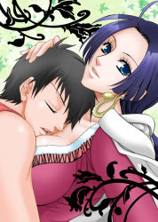 Rule 34 | 1boy, 1girl, ahoge, amazon warrior, black hair, blue eyes, boa hancock, breast pillow, breasts, cape, chikaburo, cleavage, closed eyes, earrings, hand on another&#039;s head, jewelry, large breasts, leaf, long hair, looking at viewer, monkey d. luffy, one piece, parted lips, purple hair, resolution mismatch, sleeping, snake earrings, source larger