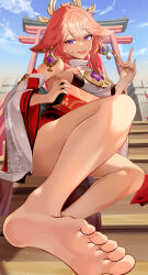 Rule 34 | 1girl, :p, absurdres, bare legs, barefoot, blush, breasts, cloud, feet, female focus, floral print, foot focus, genshin impact, hair over shoulder, hatoinu, highres, holding, large breasts, long hair, looking at viewer, medium hair, nail polish, outdoors, pink hair, pink nails, purple eyes, sideboob, sitting, sky, smile, soles, solo, thighs, toes, tongue, tongue out, torii, yae miko