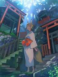Rule 34 | 1girl, :&lt;, animal ears, arms at sides, bad id, bad pixiv id, barefoot, blonde hair, bow, closed mouth, day, facial mark, forest, fox ears, fox tail, from below, japanese clothes, jitome, kimono, large bow, light particles, looking at viewer, moss, nature, obi, original, outdoors, plant, popompon, railing, red bow, rock, sash, short eyebrows, short hair, shrine, solo, stairs, standing, statue, tail, torii, tree, white kimono, yellow eyes, yukata