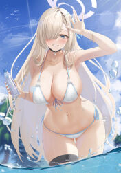 Rule 34 | 1girl, absurdres, alternate costume, arikawa rui, asuna (blue archive), bikini, black choker, blonde hair, blue archive, blue eyes, blush, bracelet, breasts, choker, cleavage, collarbone, hair over one eye, halo, hand up, highres, holding, jewelry, large breasts, long hair, looking at viewer, mole, mole on breast, nail polish, navel, one eye covered, outdoors, side-tie bikini bottom, sideboob, smile, solo, stomach, swimsuit, teeth, thigh strap, thighs, water, wet, white bikini