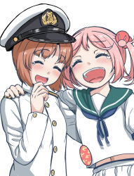 Rule 34 | 2girls, admiral (kancolle), admiral (kancolle) (cosplay), arm around back, arm around shoulder, blouse, blue neckerchief, brown hair, closed eyes, commentary request, cosplay, crossover, girls und panzer, green sailor collar, hand on another&#039;s shoulder, hat, jacket, kantai collection, laughing, long sleeves, midriff peek, military hat, military uniform, mimofu (fullhighkick), multiple girls, navel, neckerchief, nishizumi miho, open mouth, peaked cap, pink hair, sailor collar, sazanami (kancolle), shirt, short hair, smile, tearing up, twintails, uniform, white headwear, white jacket, white shirt