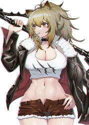 Rule 34 | 1girl, absurdres, animal ears, arknights, black choker, black jacket, breasts, brown eyes, brown hair, brown shorts, choker, cleavage, commentary request, cowboy shot, crop top, fur-trimmed jacket, fur-trimmed shorts, fur trim, hair between eyes, hand on own hip, hand up, highres, huge filesize, jacket, kongbai huanxiang, large breasts, lion ears, long hair, long sleeves, looking to the side, midriff, mouth hold, navel, open clothes, open fly, open jacket, over shoulder, partial commentary, short shorts, shorts, siege (arknights), solo, standing, stomach, tank top, weapon, weapon over shoulder, white tank top