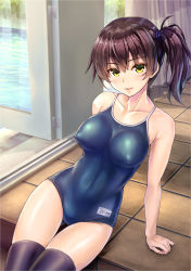 Rule 34 | 10s, 1girl, alternate costume, arm support, bare arms, bare shoulders, black thighhighs, bow, breasts, brown hair, character name, checkered floor, collarbone, colored eyelashes, competition school swimsuit, covered erect nipples, covered navel, door, eyes visible through hair, hair between eyes, hair bow, impossible clothes, indoors, kaga (kancolle), kantai collection, koyuki (kotatsu358), large breasts, lips, looking at viewer, name tag, one-piece swimsuit, parted lips, puffy nipples, school swimsuit, shiny skin, side ponytail, sitting, solo, swimsuit, thighhighs, thighs, tile floor, tiles